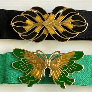 Vintage Cinch Belts Brass Enamel Buckle Butterfly & Leaf Elastic Waist Accent